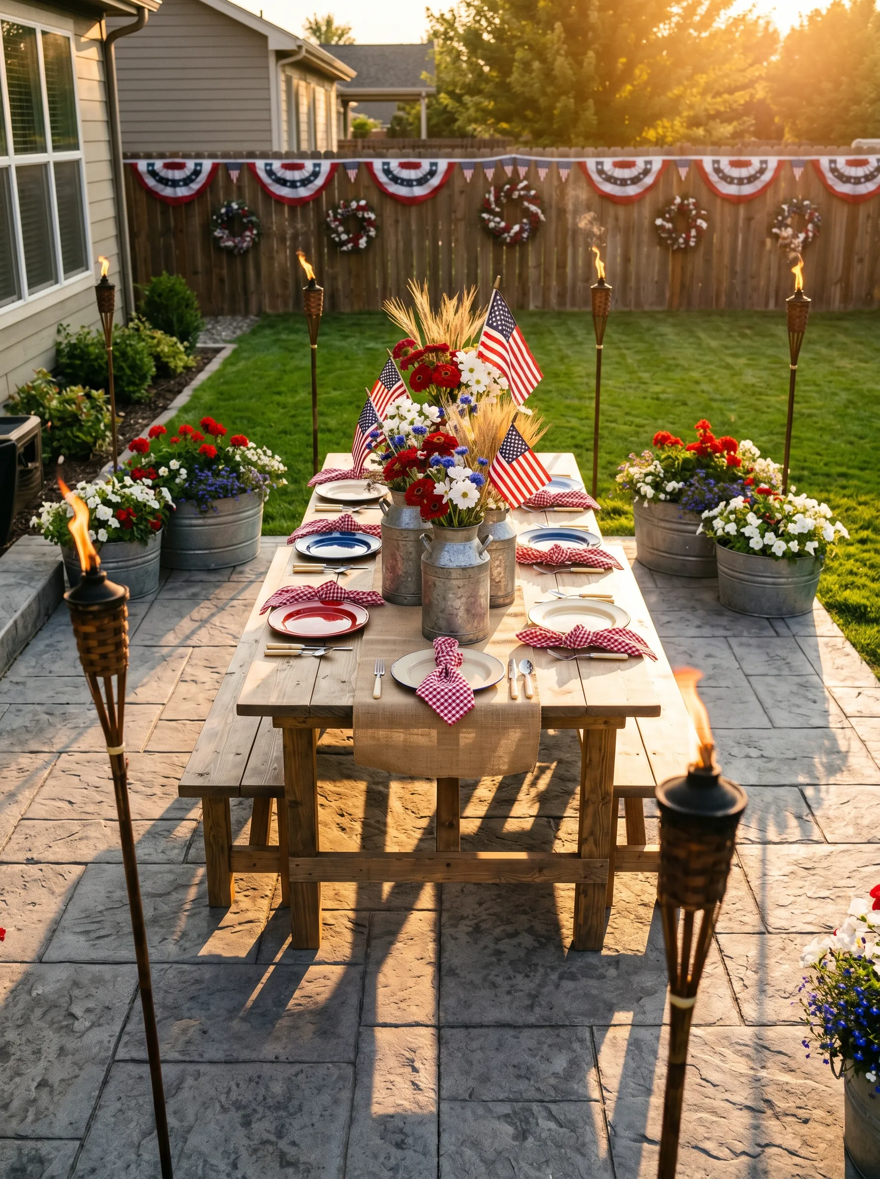 The Sunset Patio with Milk Can Centerpiece and Torch Perimeter