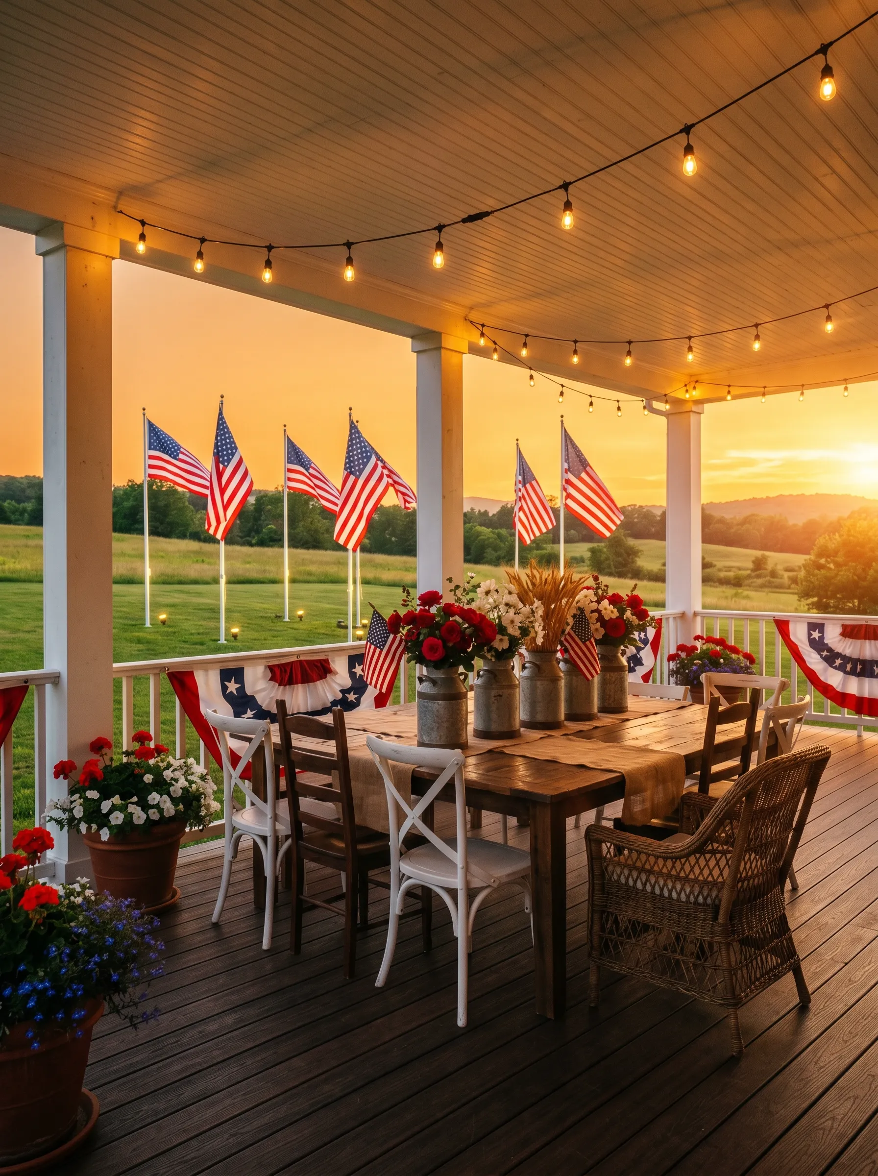 The Farm Porch Table at Sunset with Flag Poles in the Meadow