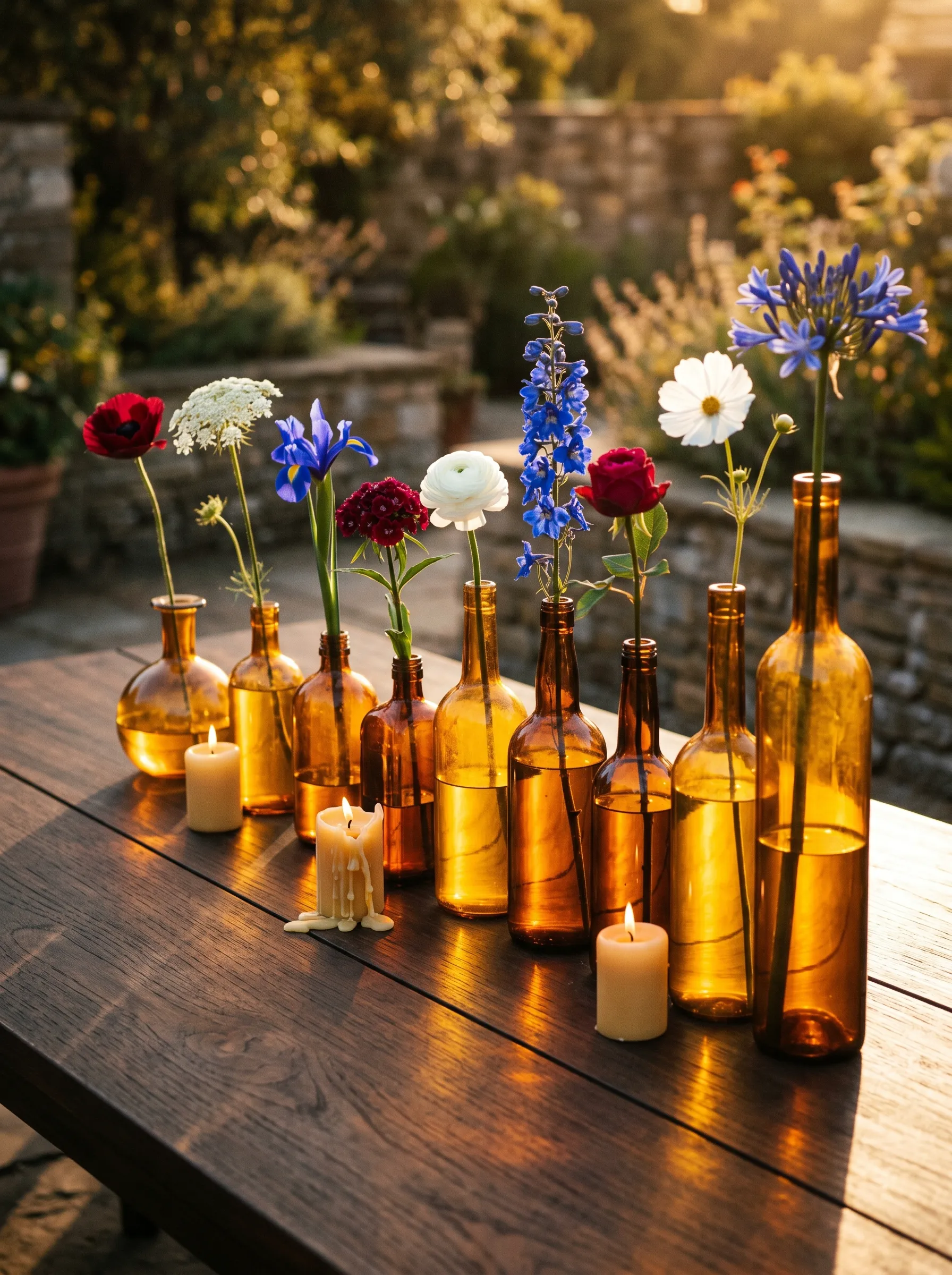 The Amber Bottle Collection With Single Wildflower Stems