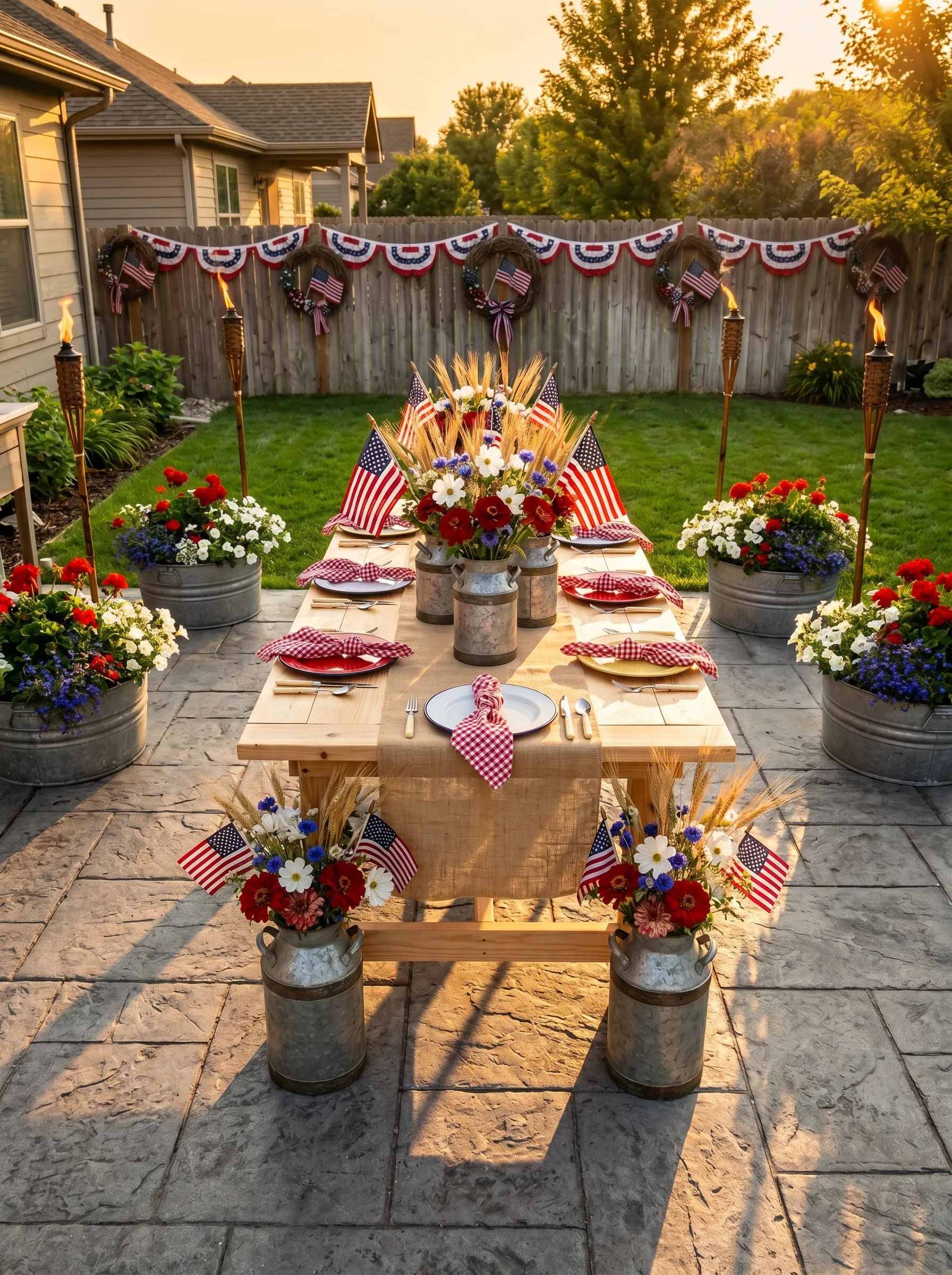 The Farmhouse Outdoor Table With Milk Cans and Tiki Torches