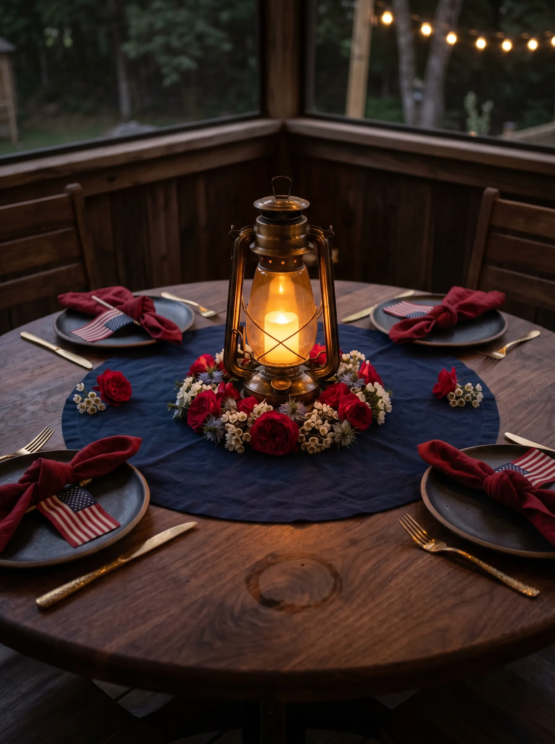The Cabin Round Table with a Lantern Centerpiece