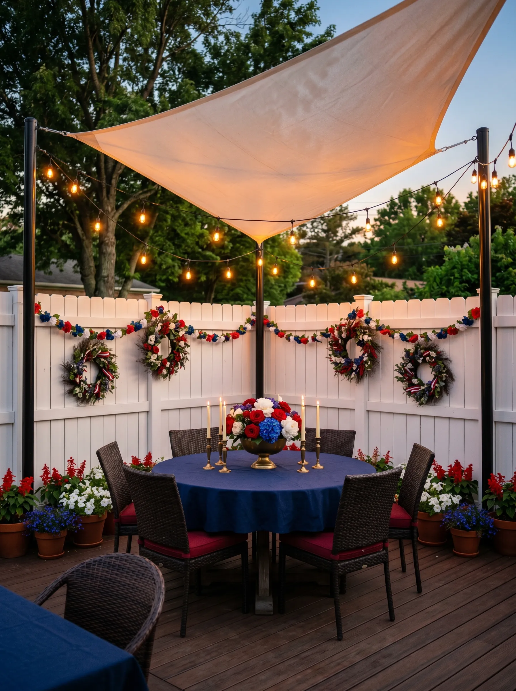 The Navy Tablecloth Deck Dinner Under a Sail Shade