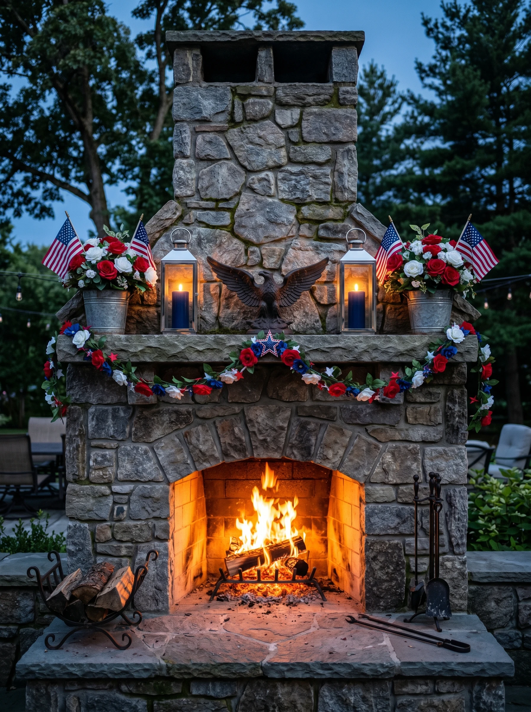 Stone Fireplace, Eagle, Lit Lanterns