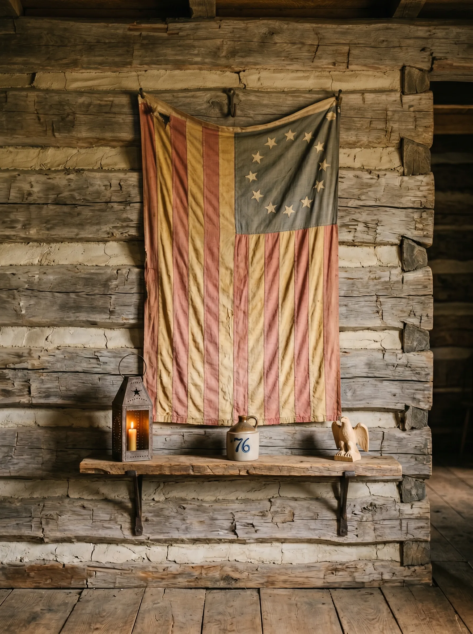The Log Wall Vignette With a Faded Stripes Flag