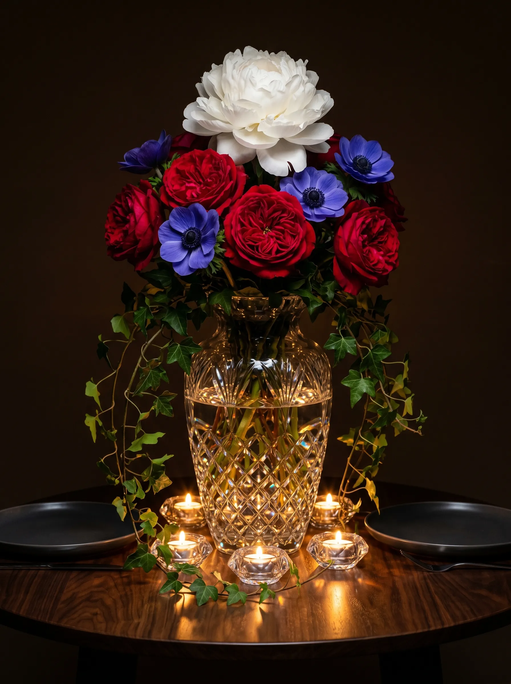 The Crystal Vase With Garden Roses and Dark Anemones
