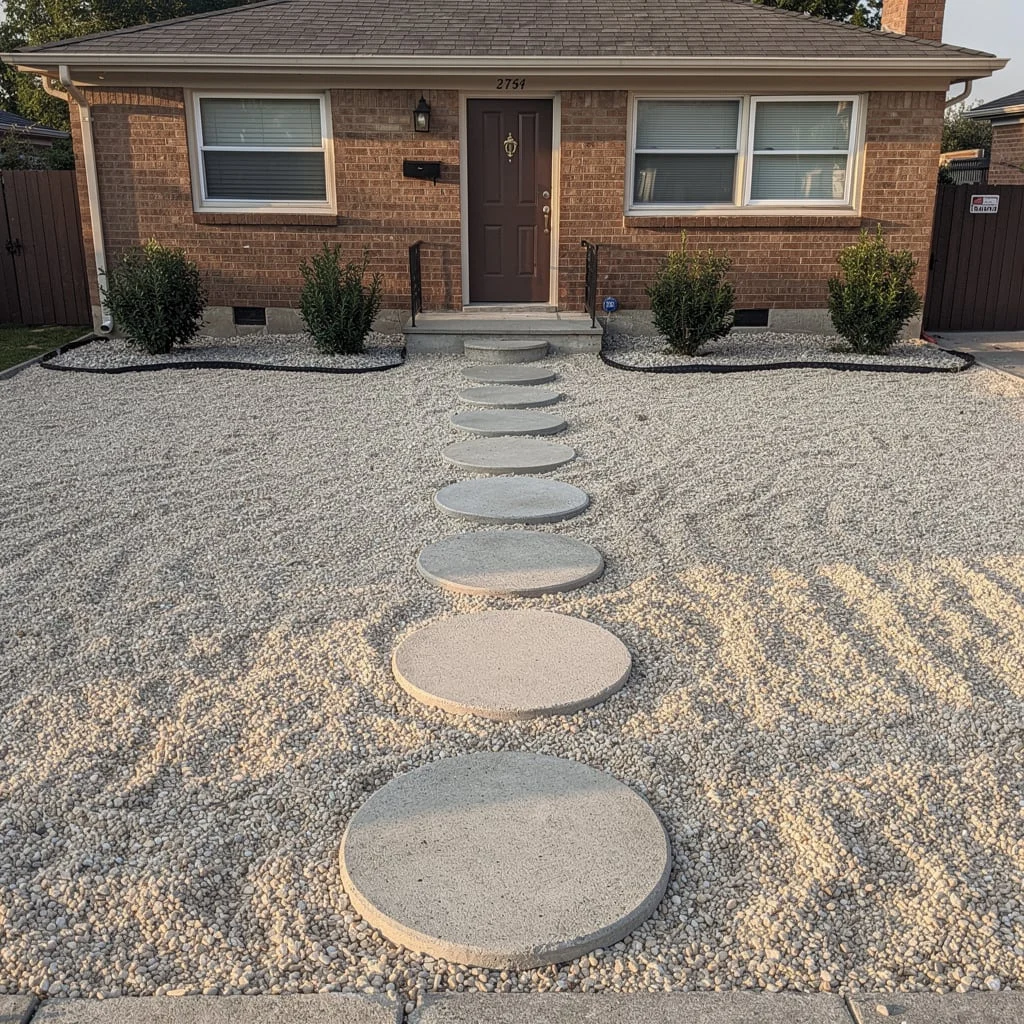 The No-Lawn Gravel Front with Round Stepping Stones and Low Box Hedging