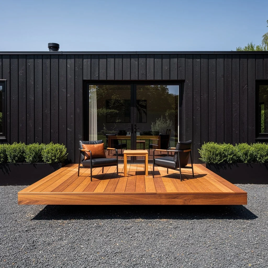 The Floating Hardwood Deck Against the Dark Facade