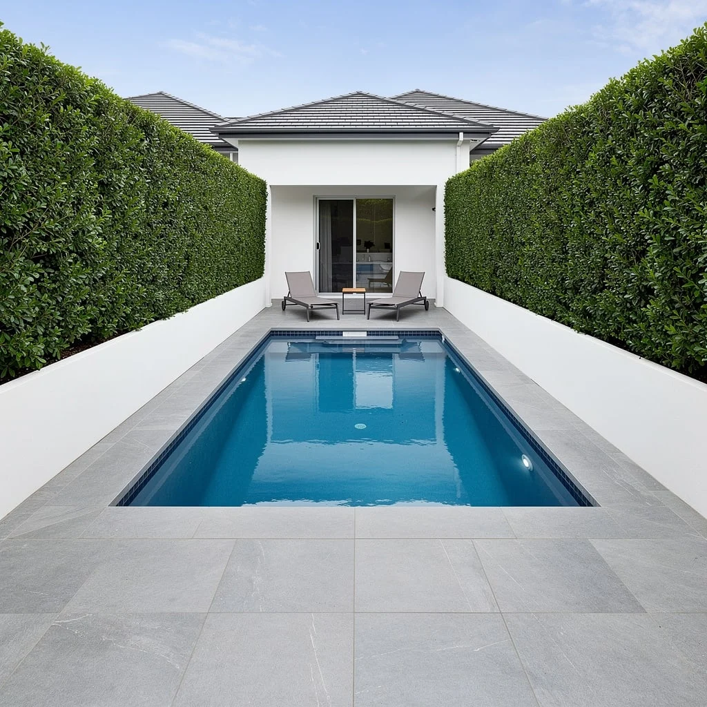 The Minimalist Pool with Clipped Hedging Walls and Grey Stone Paving