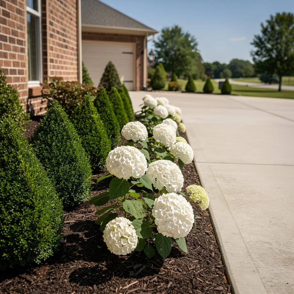 White Hydrangeas With Conical Evergreens