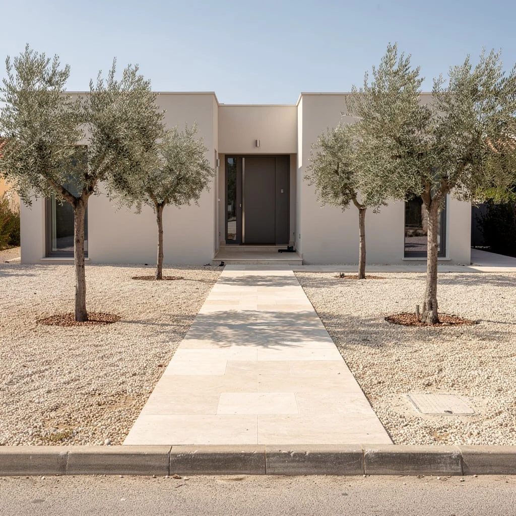 The Paired Olive Tree Walk With Limestone Path and White Gravel That Doesn't Need Anything Else