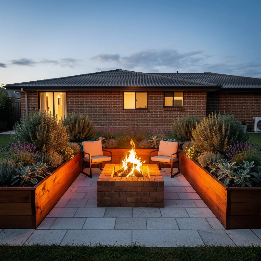 Raised Cedar Planters With Square Brick Fire Pit