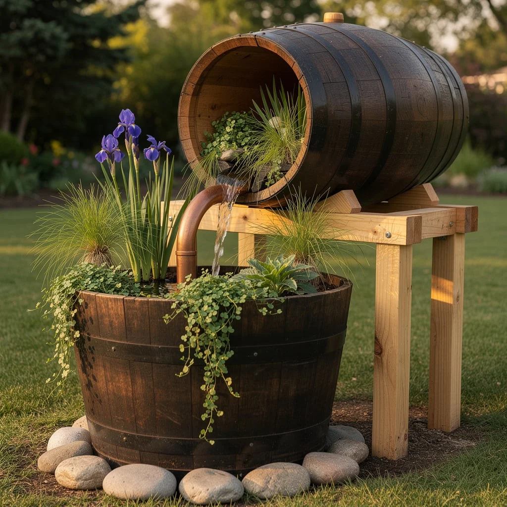 The Whiskey Barrel Water Feature with Copper Pipe Spout