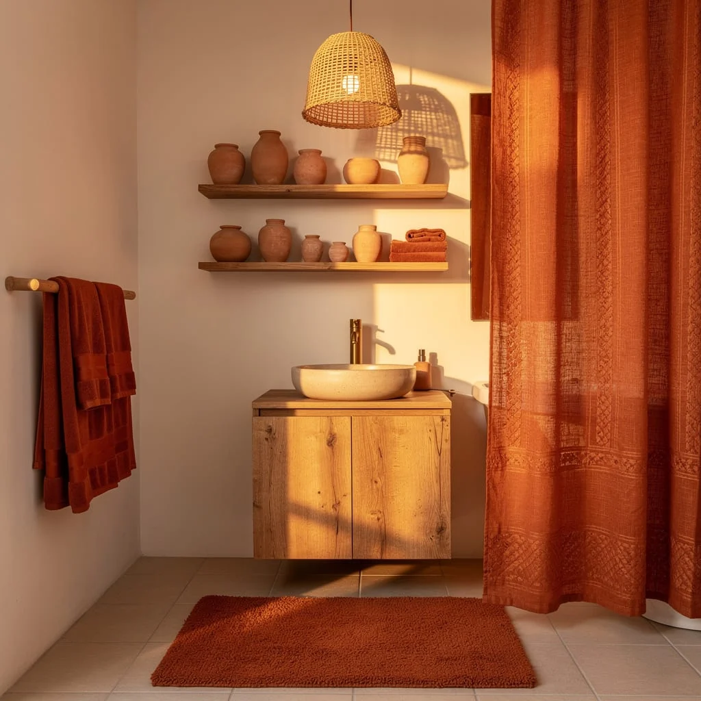 Terracotta Ceramics, Wicker Shade, Rust Curtain