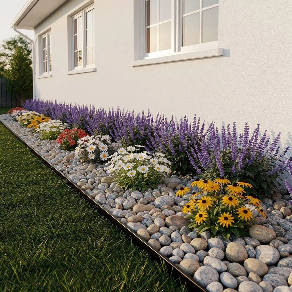 Mixed Perennial Bed With River Pebble Ground