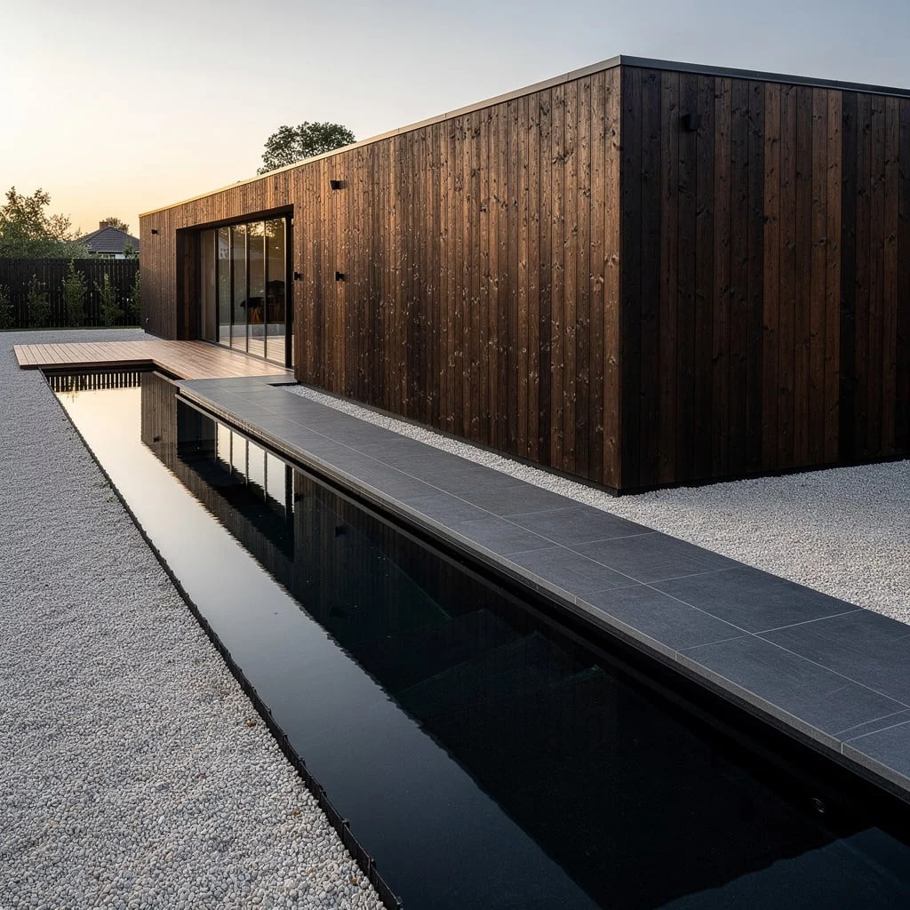 The Minimalist Dark Architecture Garden with a Reflecting Rill, White Gravel, and Grey Paving
