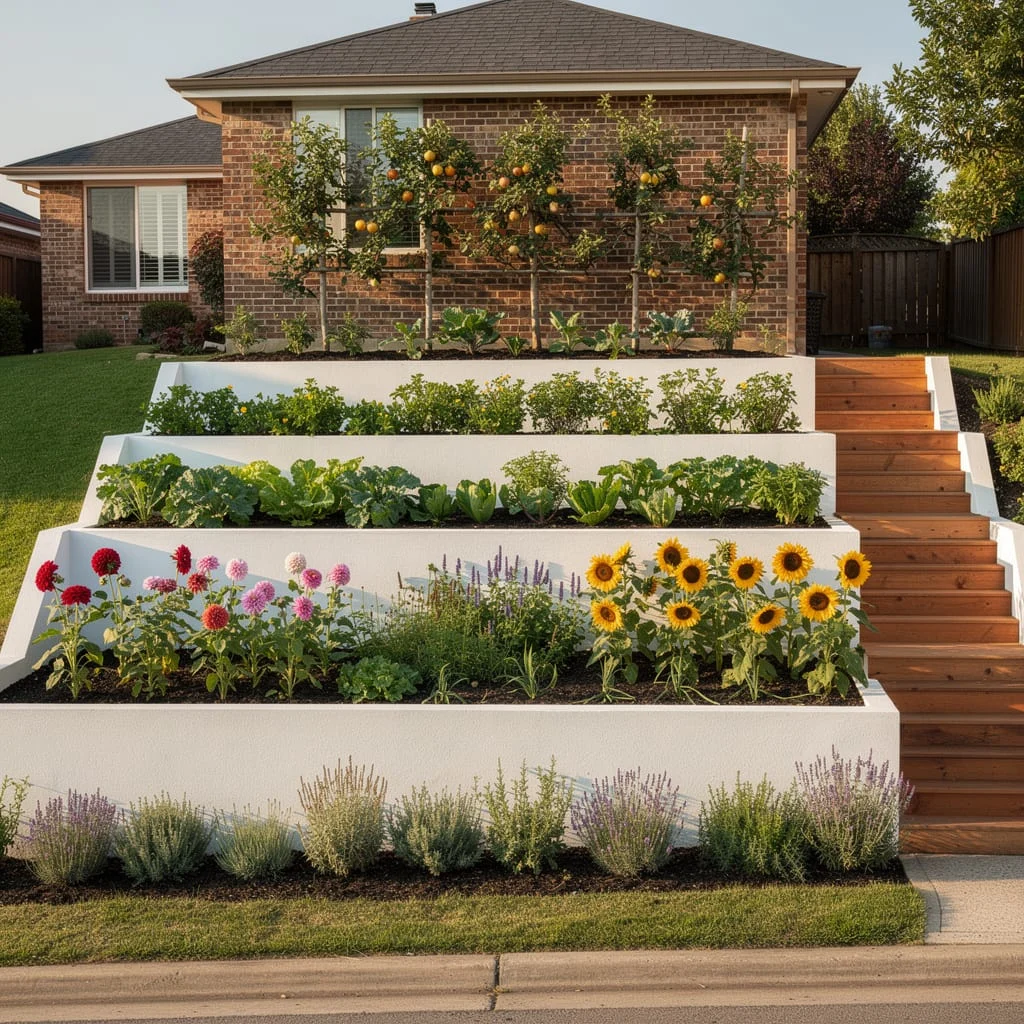 The Front Yard Productive Garden With White Render Terraces