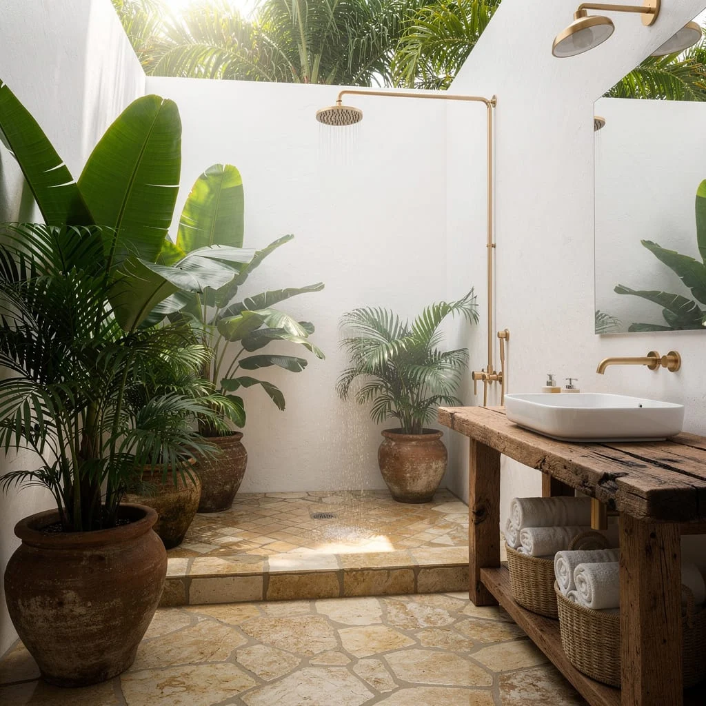 Tropical Open Shower, Stone Basin