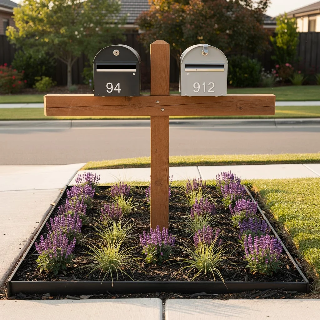 The Timber Cross-Post With Two Boxes and a Lavender Bed