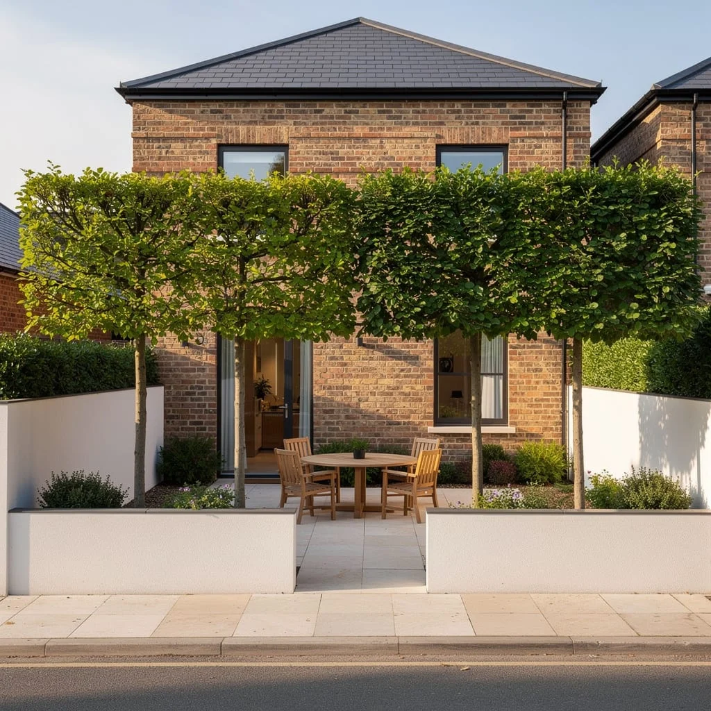 The Pleached Tree Dining Terrace With the Rendered Wall