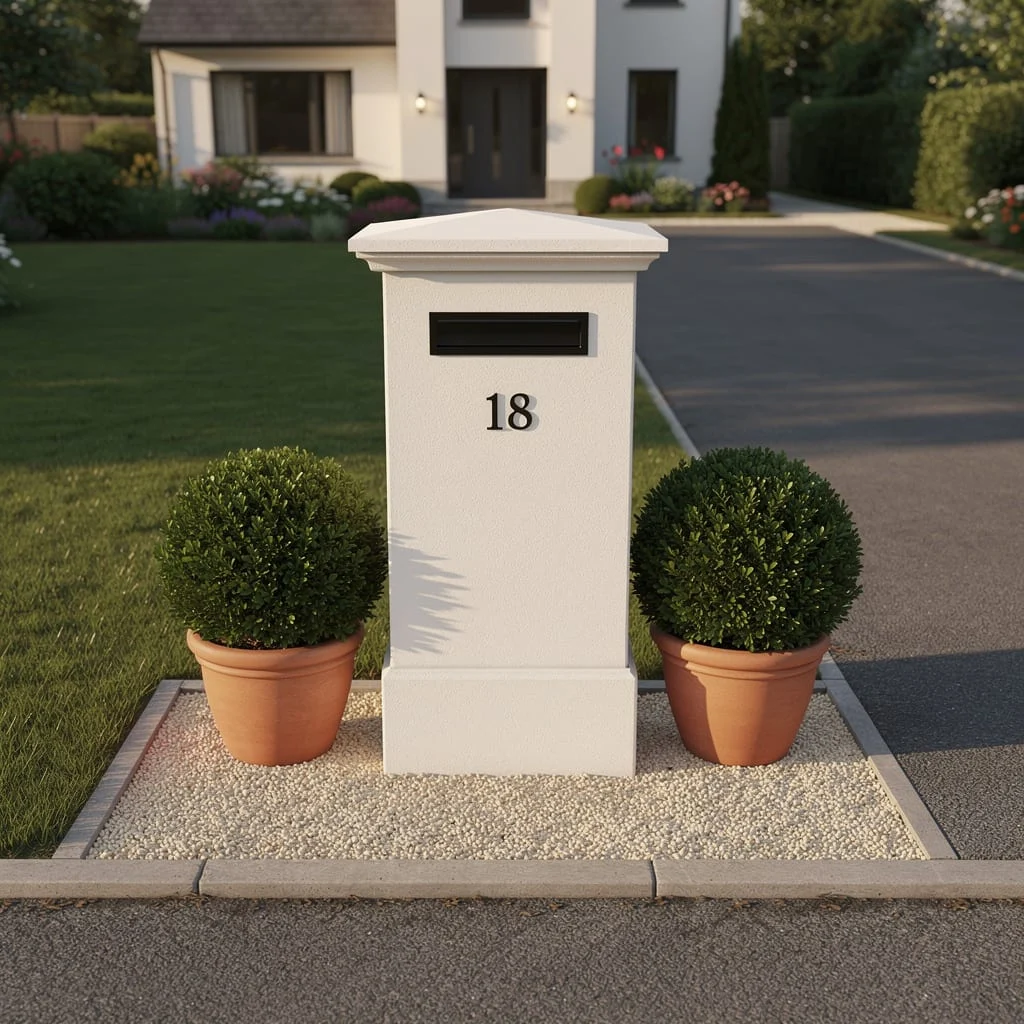 The White Rendered Post With Clipped Buxus Flanking