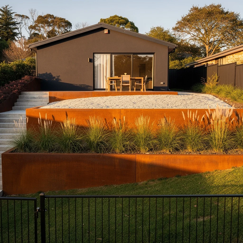 The Two-Level Corten Steel Terrace with Karl Foerster Grass and White Gravel
