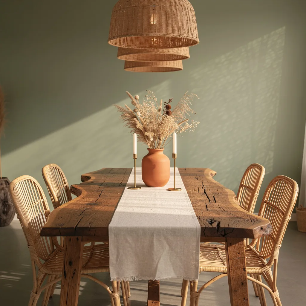 Live-Edge Dining Table, Rattan Chairs