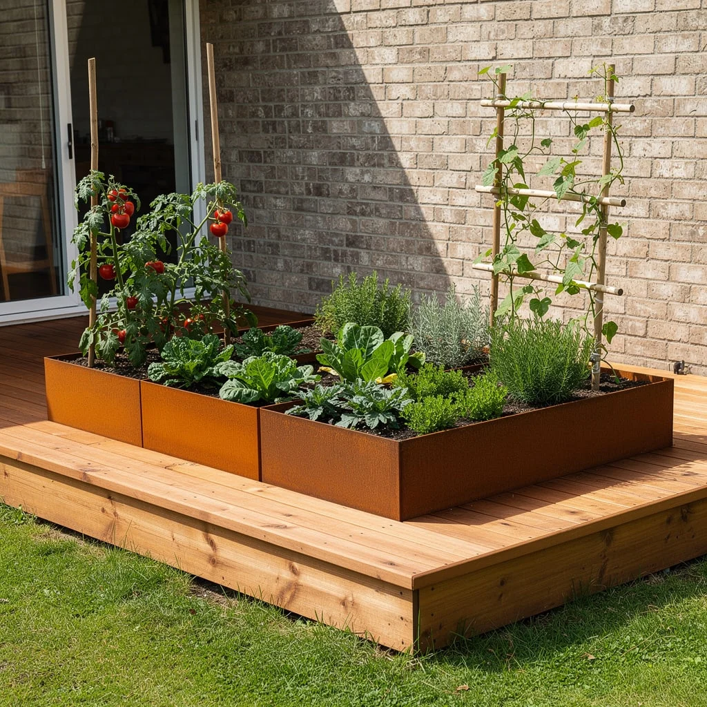 The Corten Steel Raised Bed on a Deck Platform Growing Food