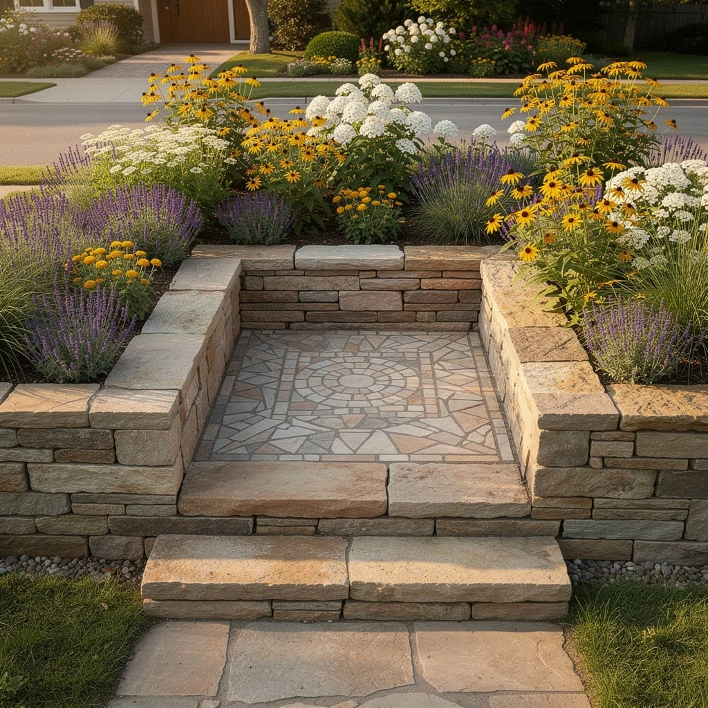 The Raised Stone-Wall Entrance Feature with Mosaic Floor Panel
