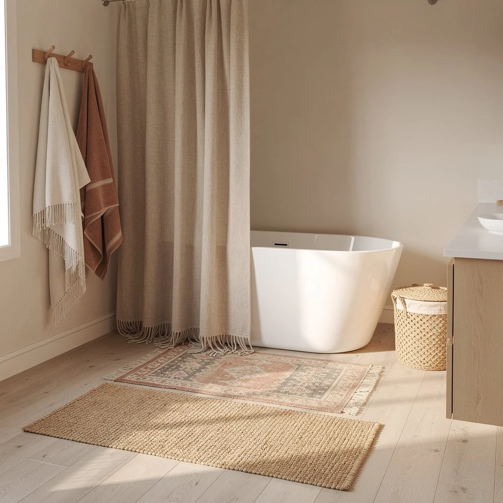Linen Curtain, Layered Rugs, Jute