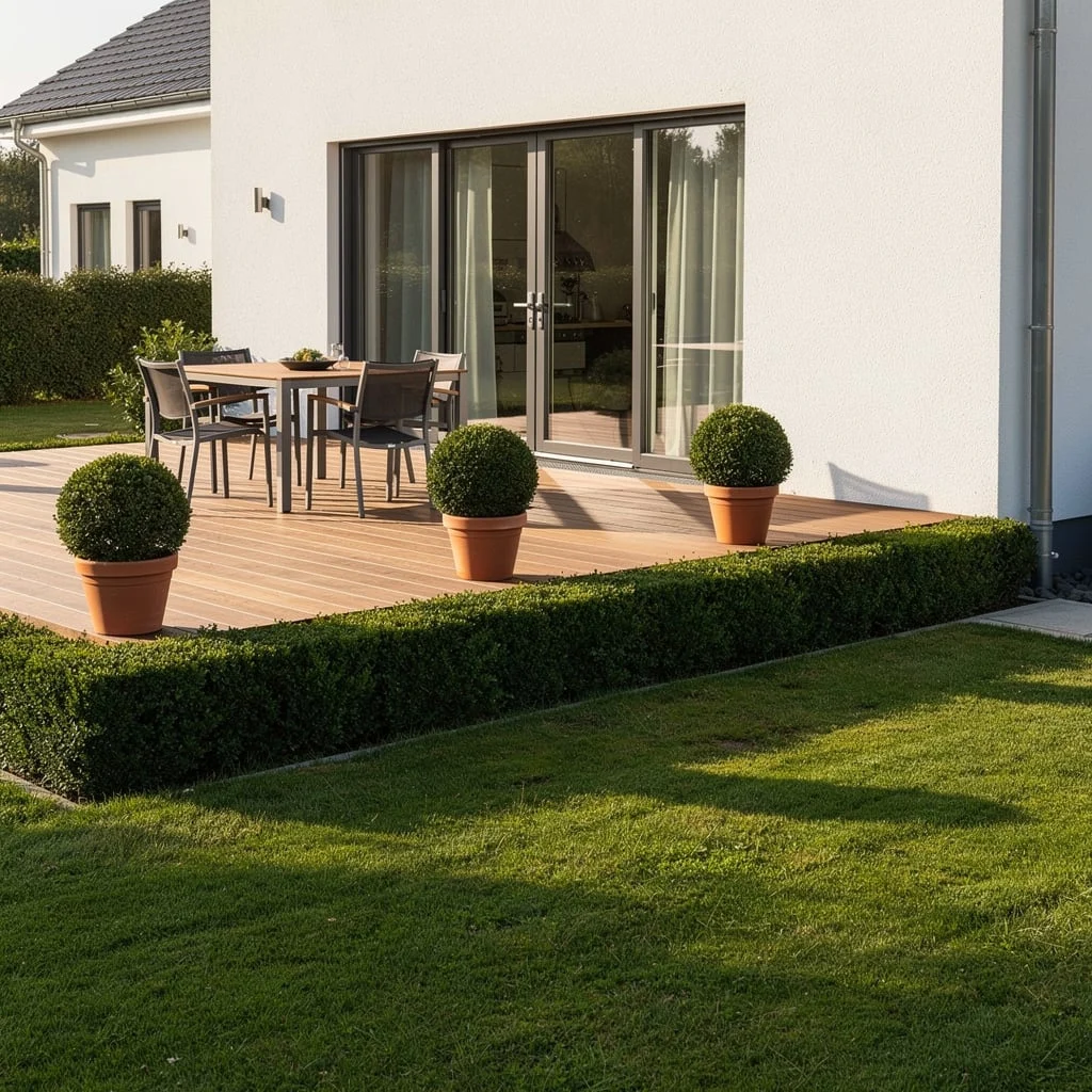 The Minimalist White-Walled Deck with Terracotta Pots and Topiary Spheres