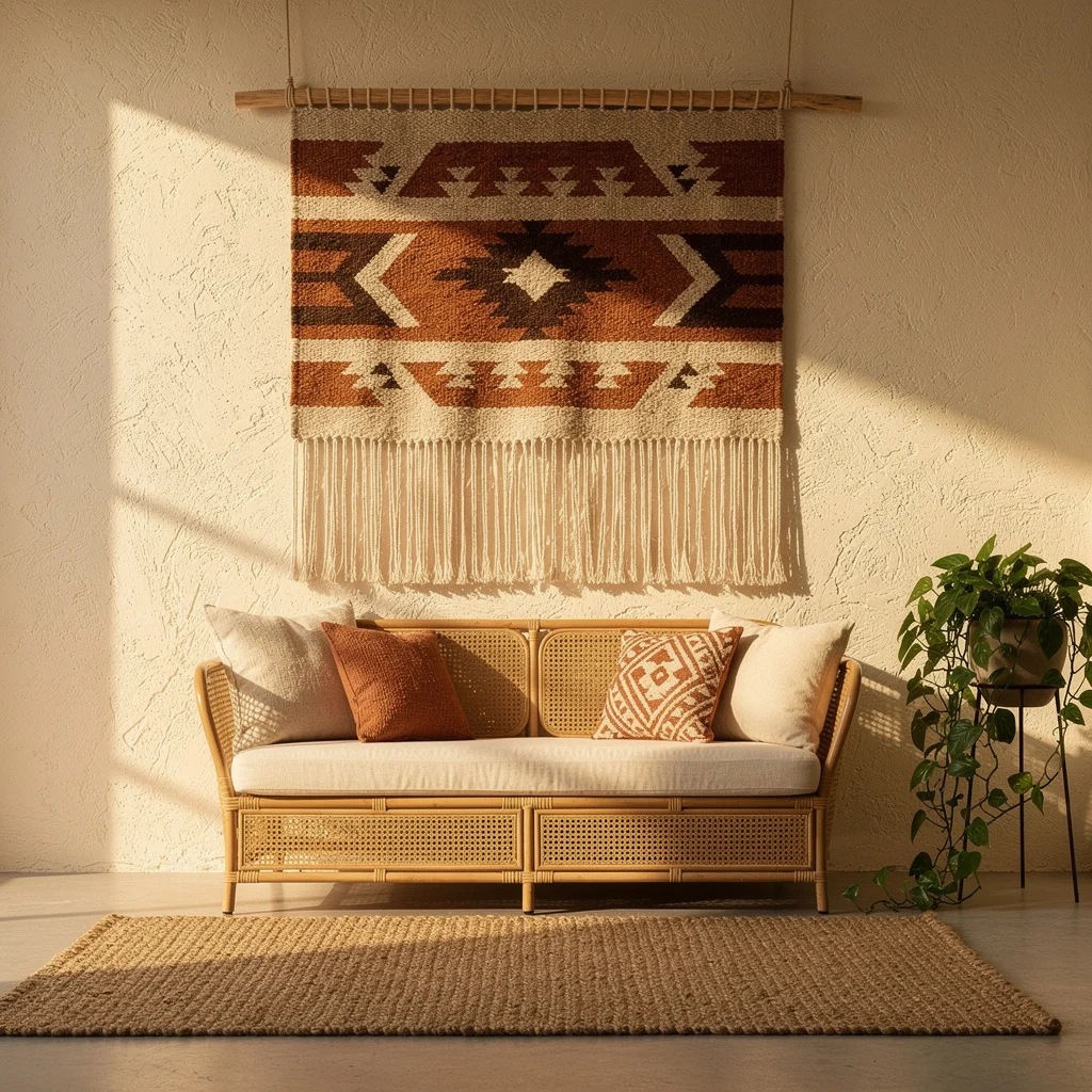 Kilim Tapestry, Rattan Sofa