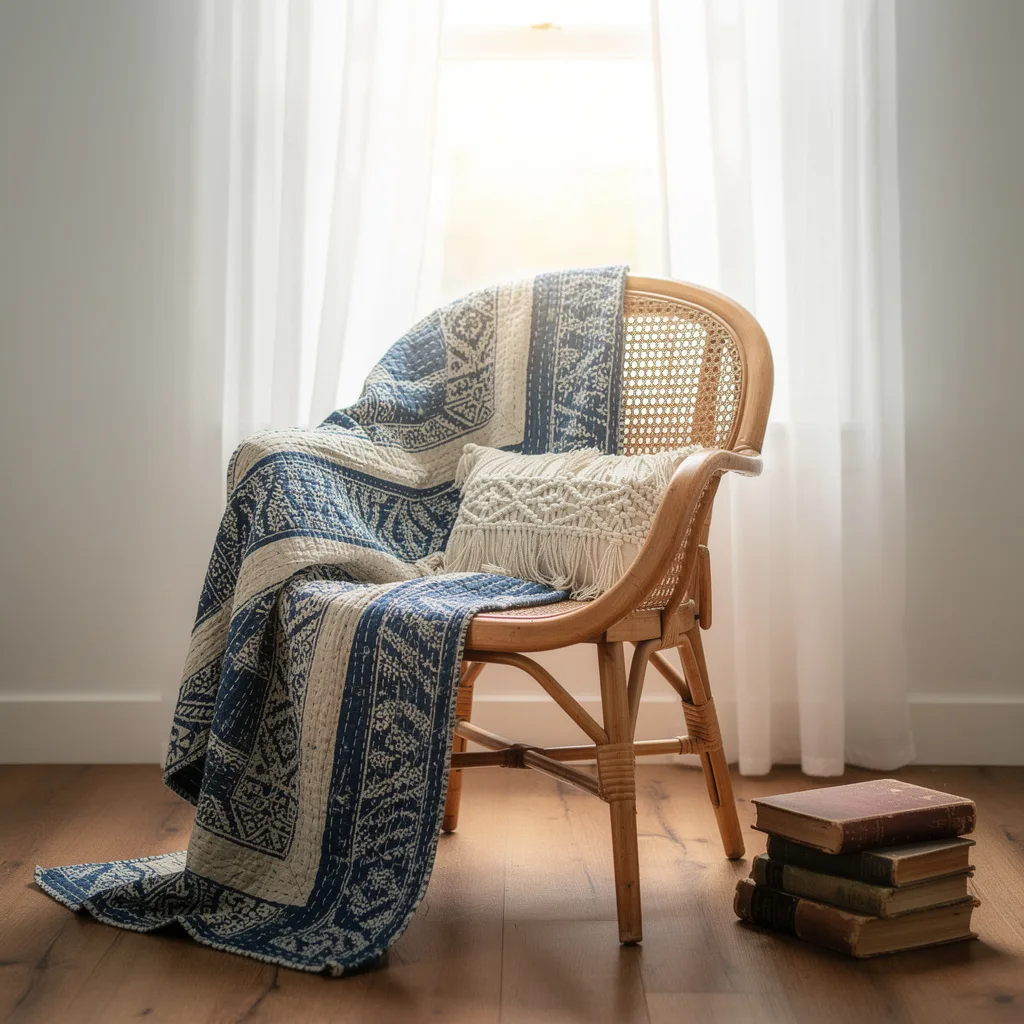 The Cane Chair with Kantha Throw