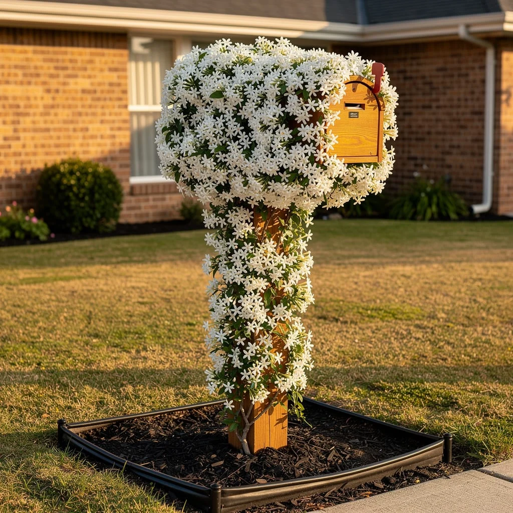 The Star Jasmine Covered Post With Steel-Edged Mulch Bed