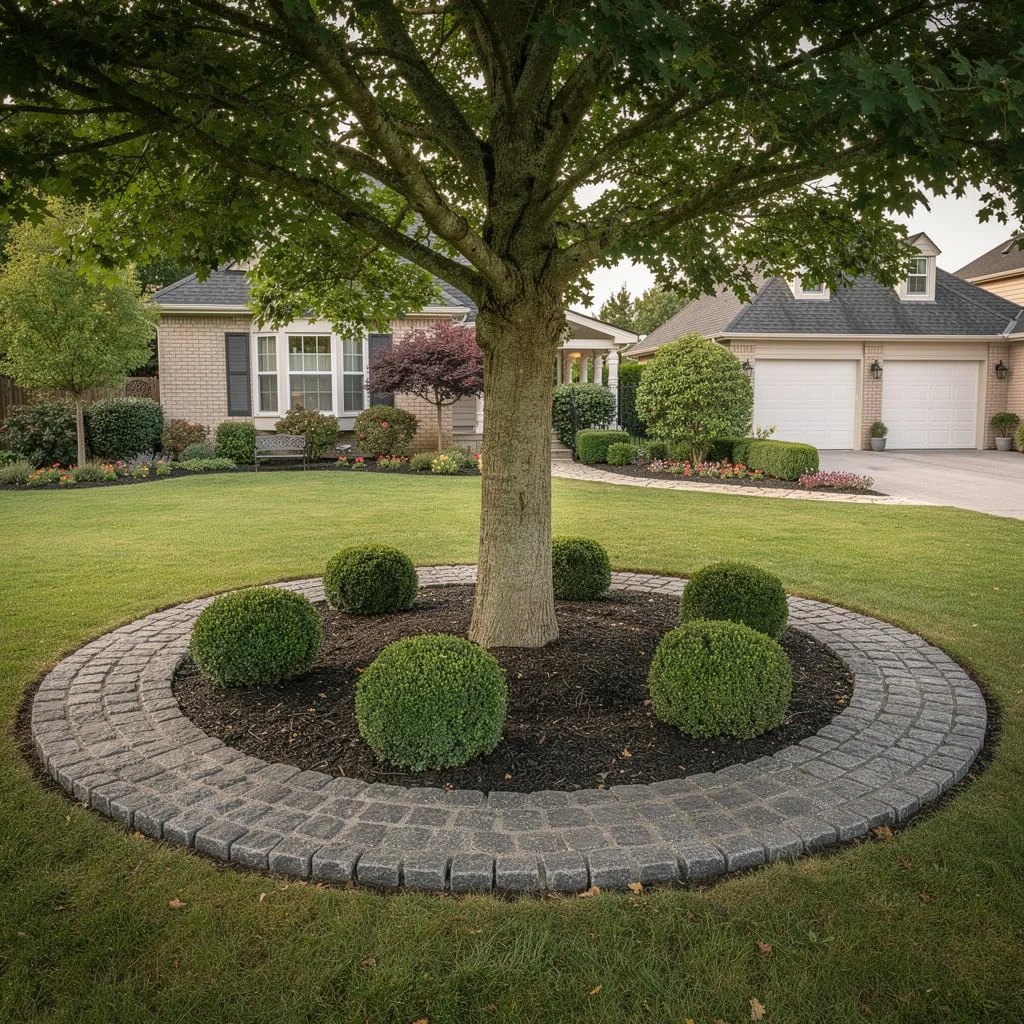 The Double Cobble Ring with Black Mulch and Clipped Box Spheres