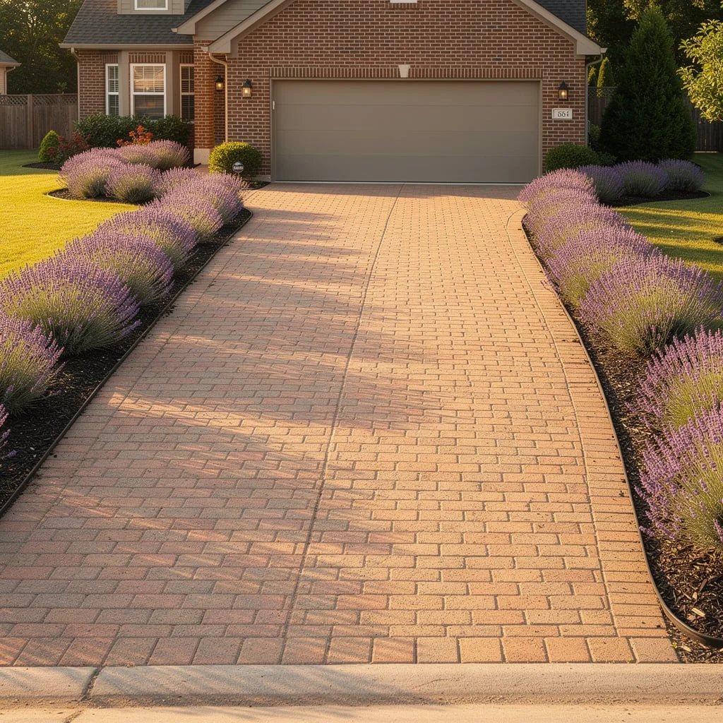 The Warm Buff Brick Paver Driveway With Lavender Borders