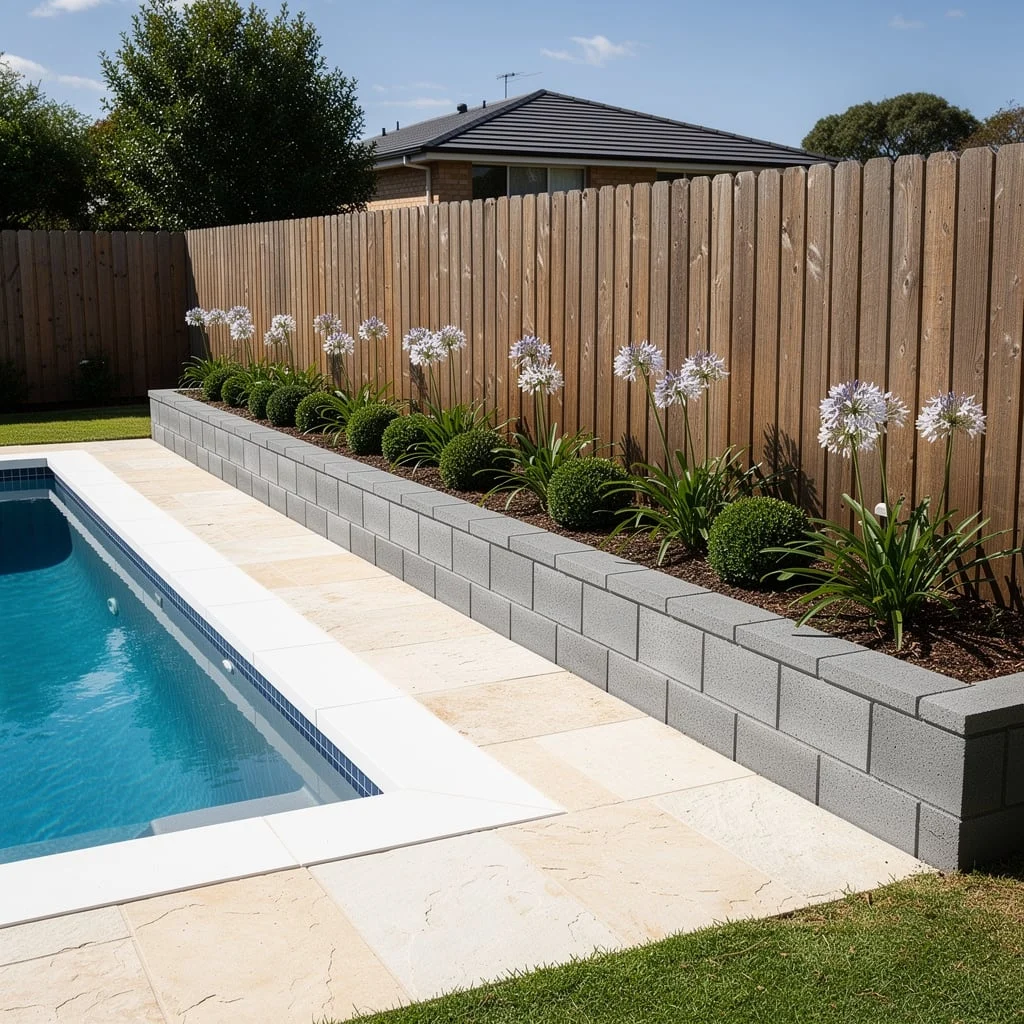 The Raised Planter Bed with Concrete Block Wall, Agapanthus, and Box Spheres at Poolside