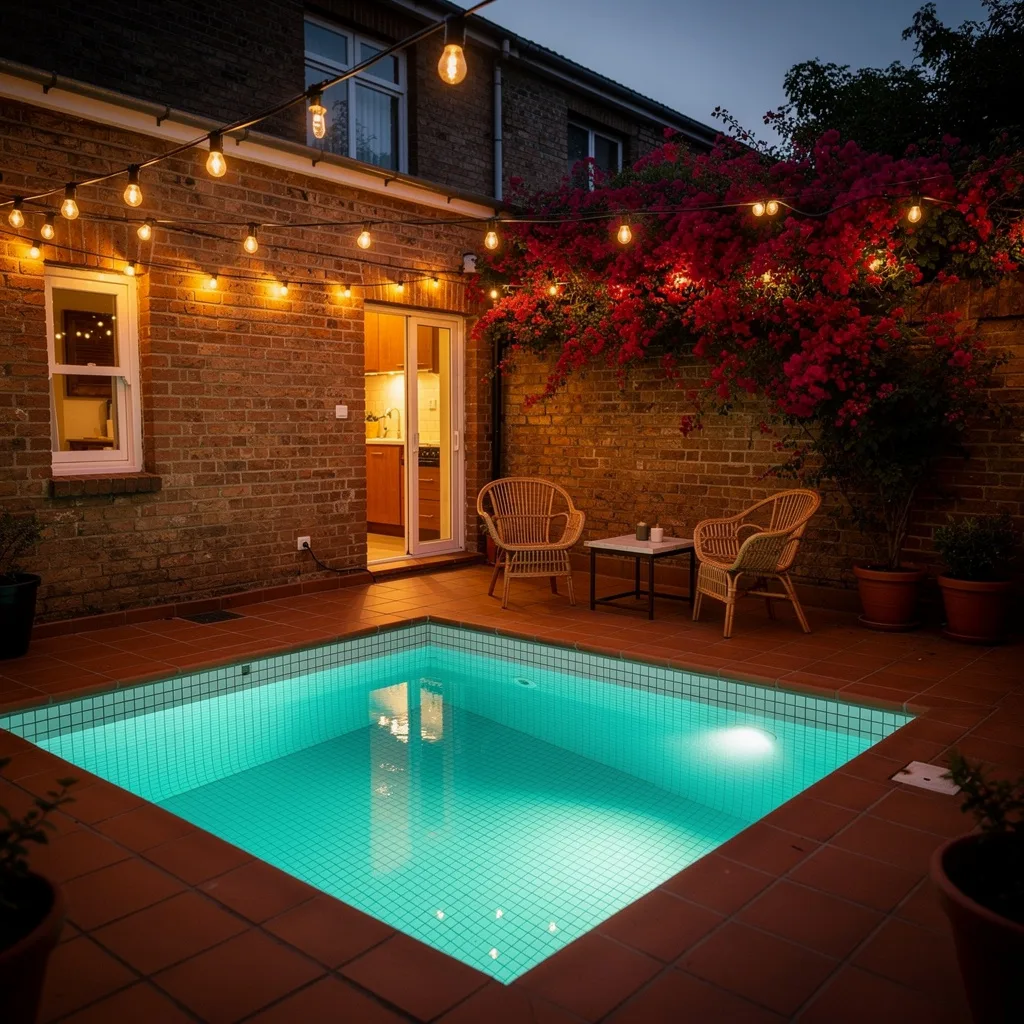 The Illuminated Evening Pool With the Terracotta Terrace