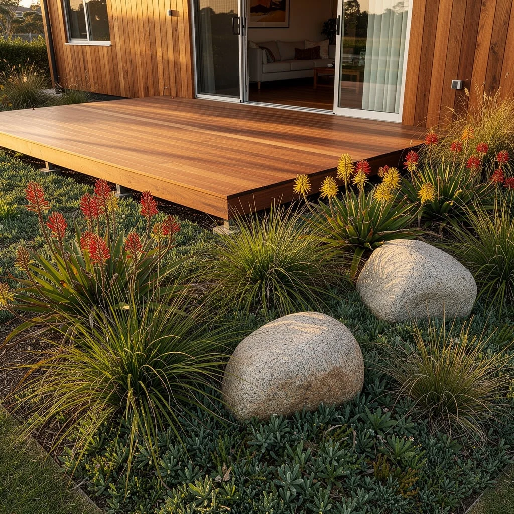 The Native Garden Deck with Aloe, Ornamental Grasses, and Boulder Accents