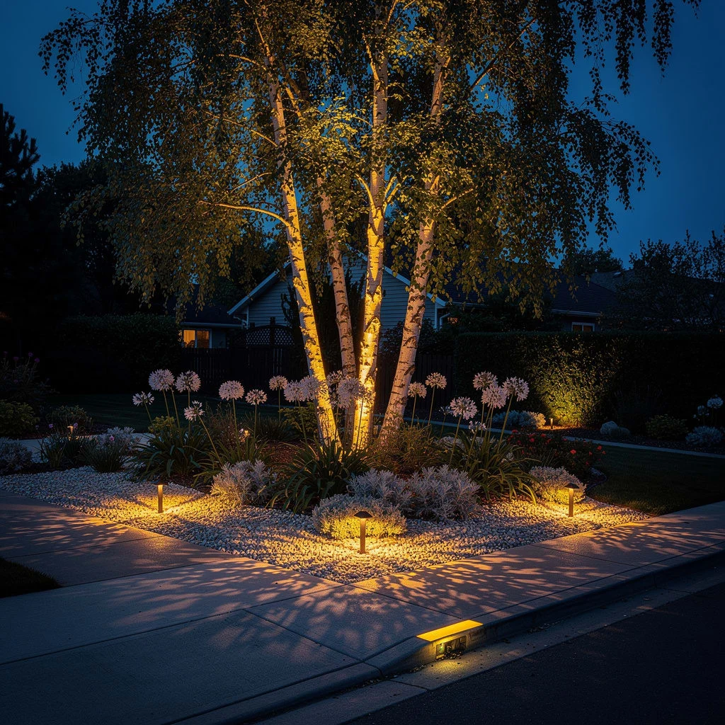 The Uplighted Birch Corner Feature at Night