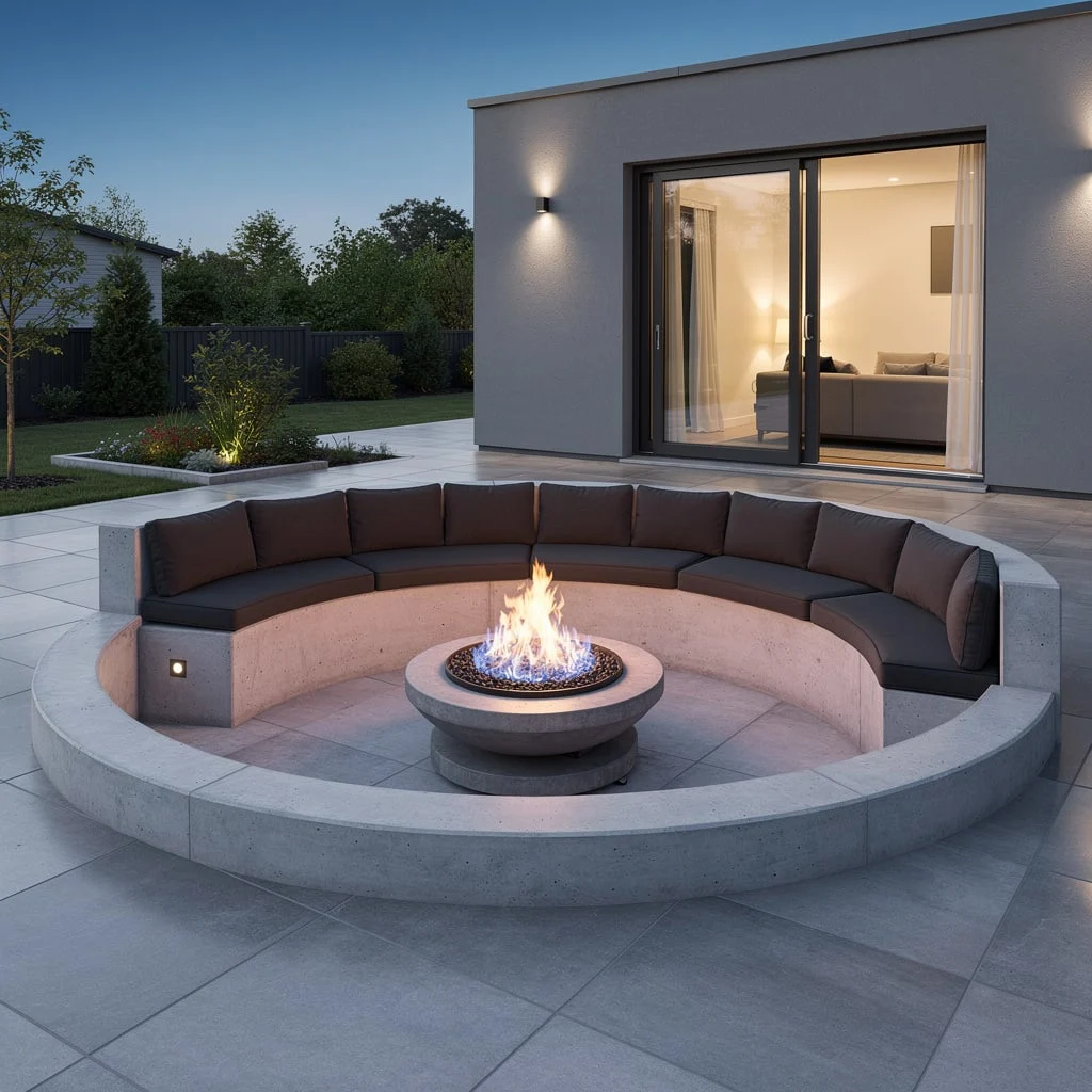 Sunken Concrete Circle With Cushioned Bench