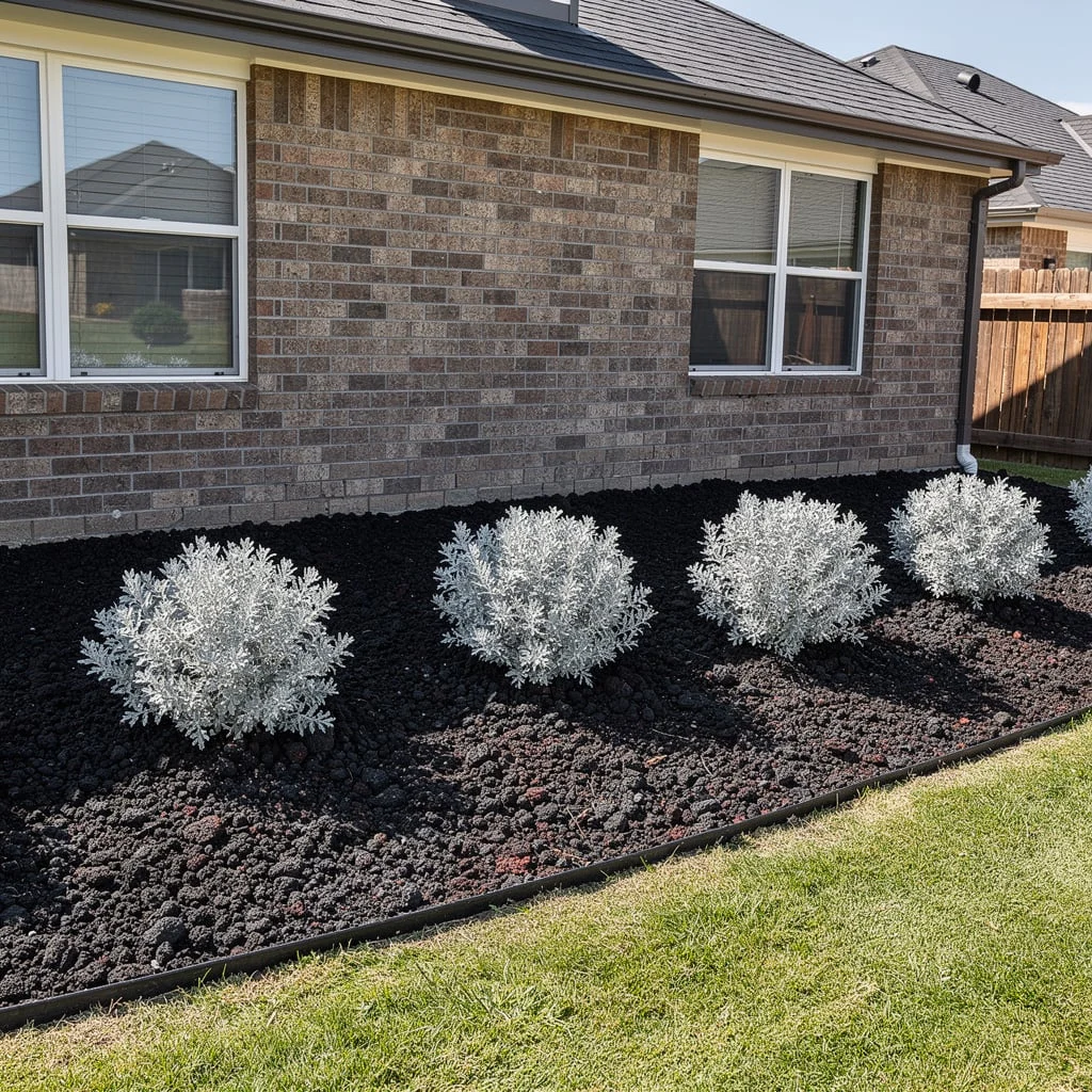 Silver Shrubs With Dark Mulch Border