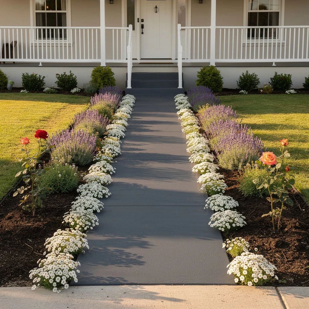 The Garden Path with Lavender, White Alyssum, and Roses at the Entry