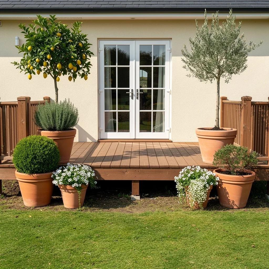 The Mediterranean Deck with Terracotta, an Olive Tree, and a Lemon Tree as Anchors
