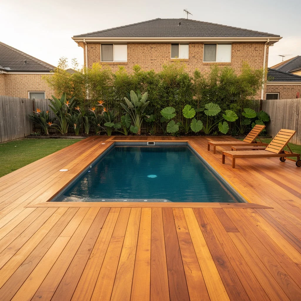 The Tropical Pool Deck with Timber Decking, Bamboo Screen, and Bird of Paradise Planting