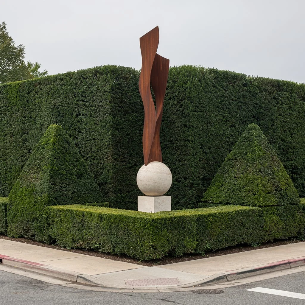 The Clipped Hedge Corner with Corten Sculpture Focal Point
