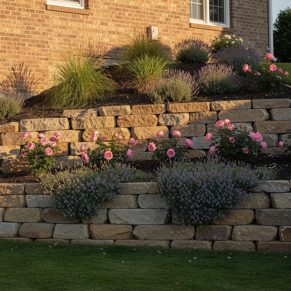 The Multi-Tiered Sandstone Wall with Pink Roses, Lavender, and Ornamental Grasses