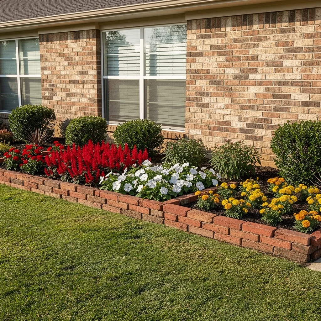 The Foundation Bed with Brick Edging, Block Colour Annuals, and Clipped Shrubs
