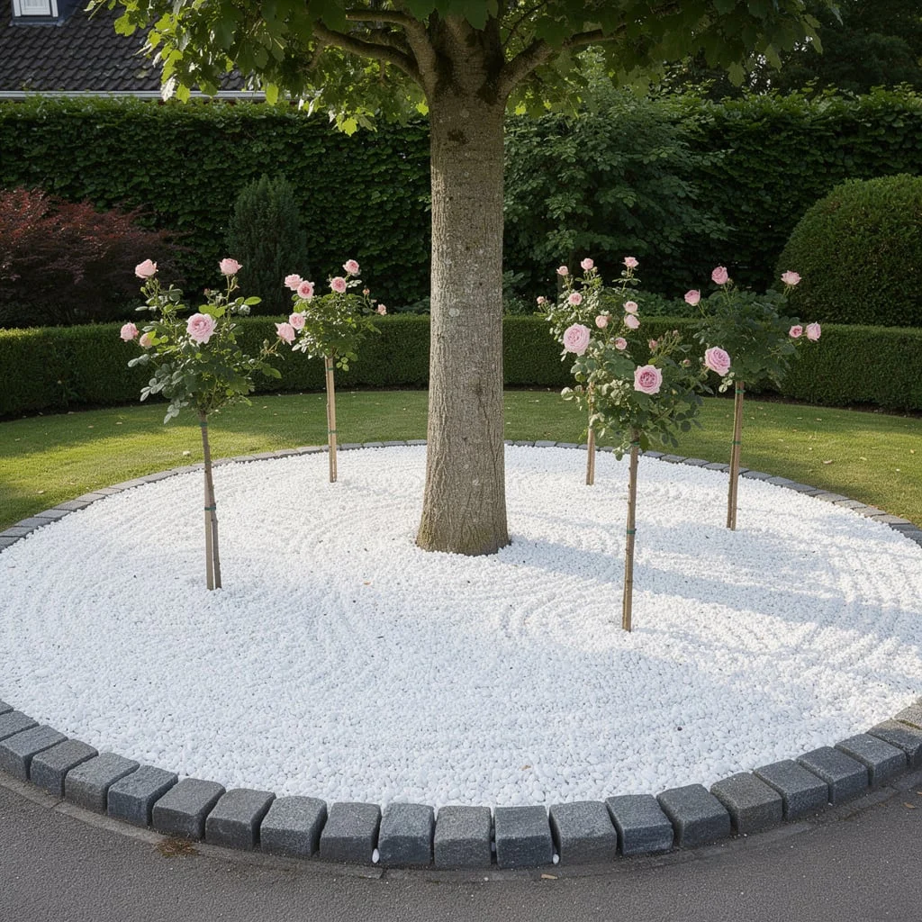 The White Gravel Circle with Pink Standard Roses and Granite Block Edging Ring