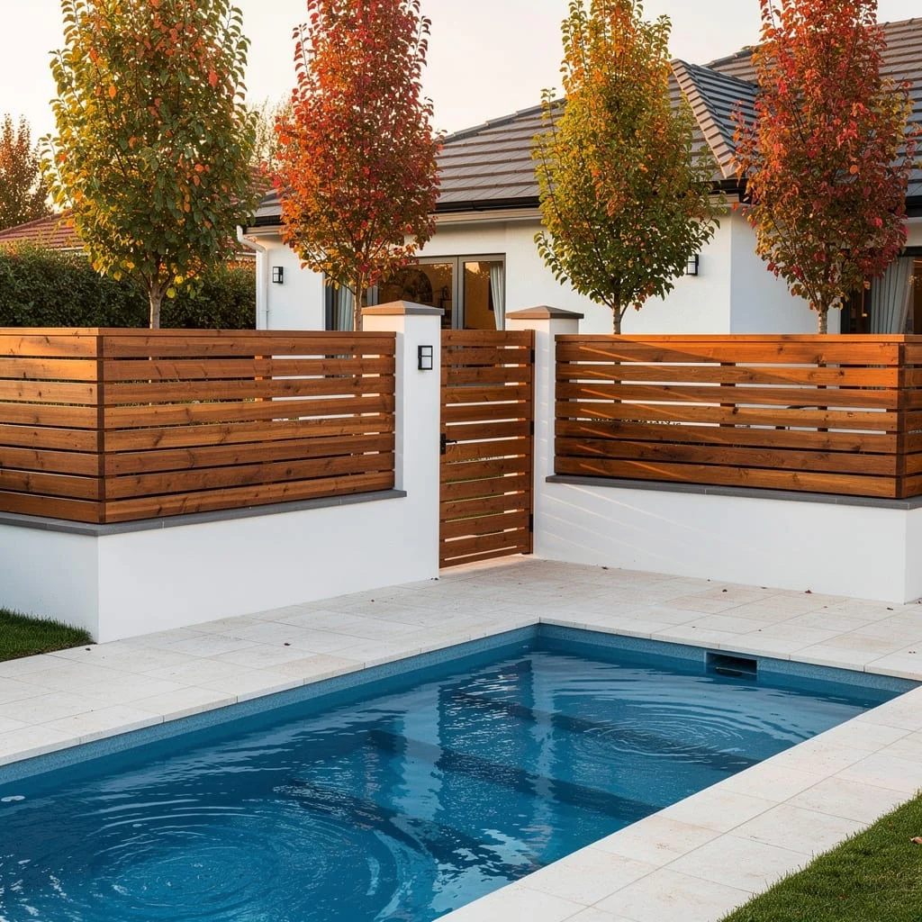 The Geometric Pool Behind a Horizontal Timber and White Render Fence with Autumn Trees