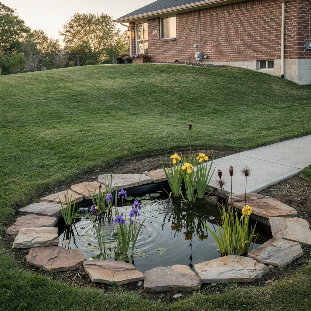 The Natural Pond at the Slope Base with Iris and Bog Planting
